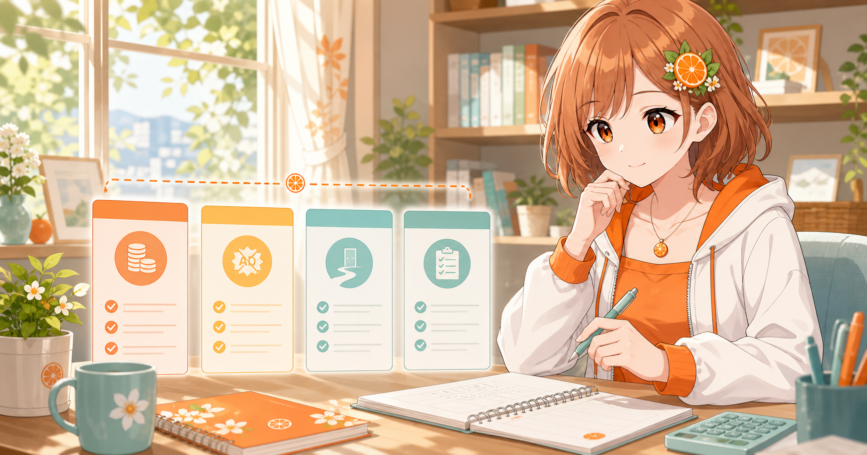 みかんが料金、広告、申込み方法、確認項目を表すプランカードを見比べるイラスト