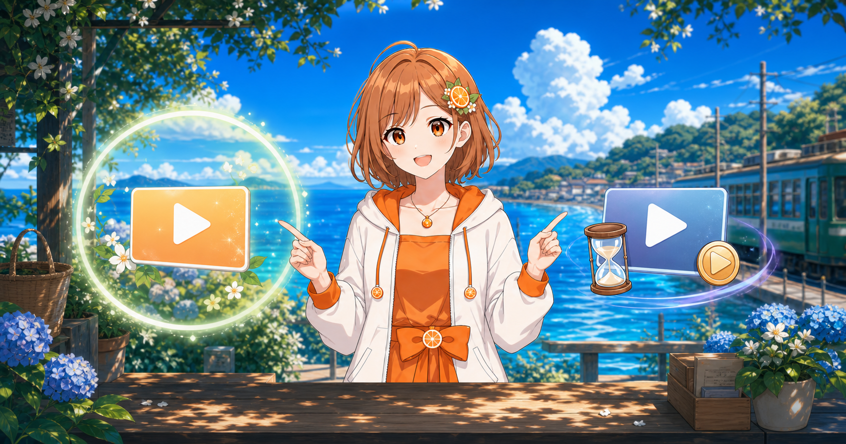 みかんが見放題を表す光のカードとレンタルを表す砂時計付きカードの違いを説明するイラスト