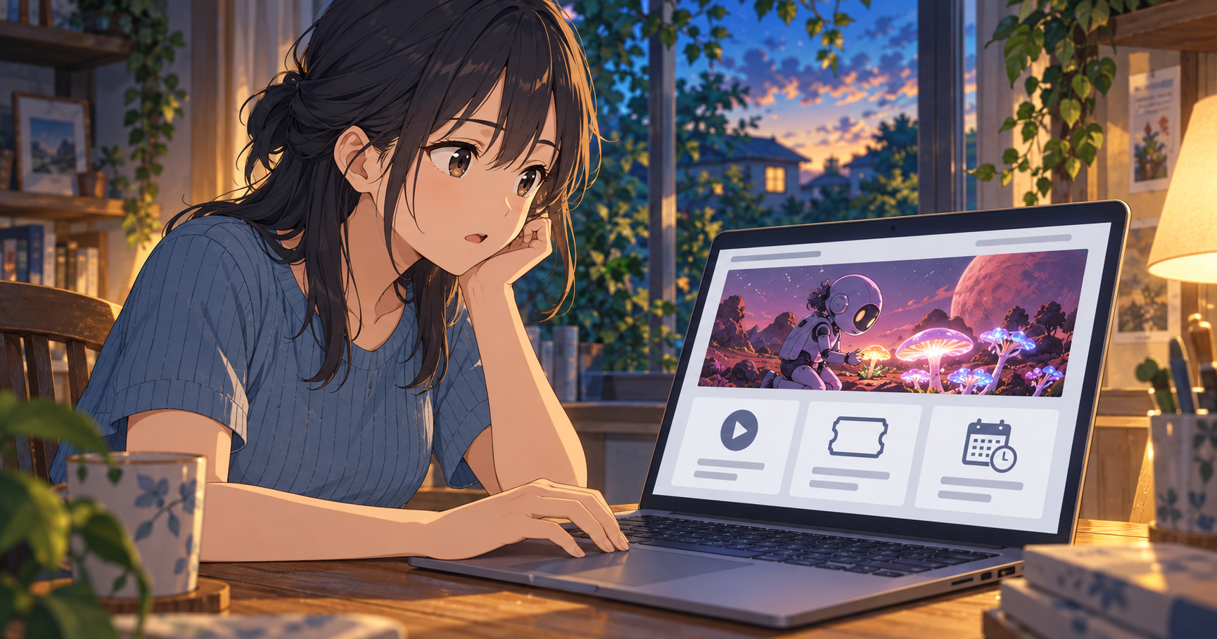 女性がパソコンでアニメの配信状況を確認するイラスト