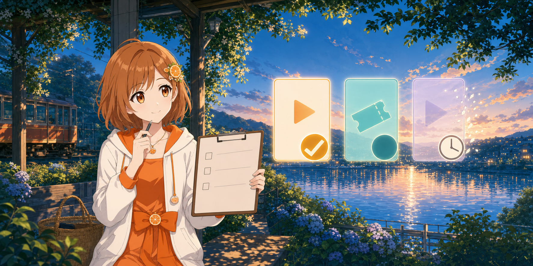 みかんが見放題、レンタル、配信終了を表すカードと確認表を見比べるイラスト