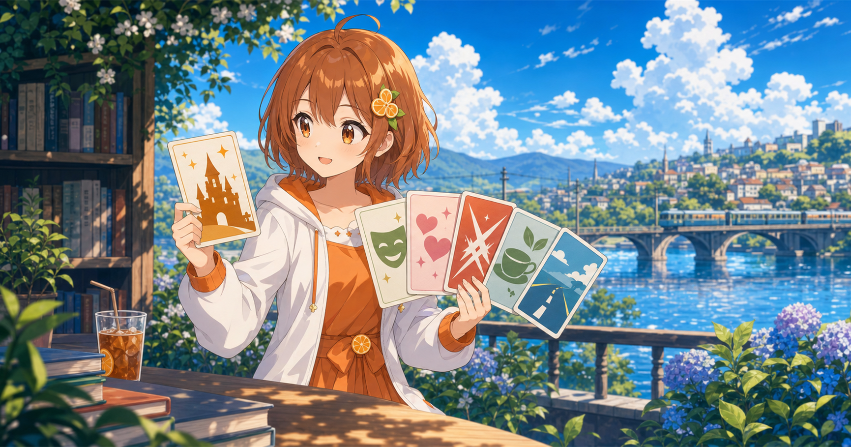 みかんがジャンルを表すカードを見比べて今期アニメを選ぶイラスト