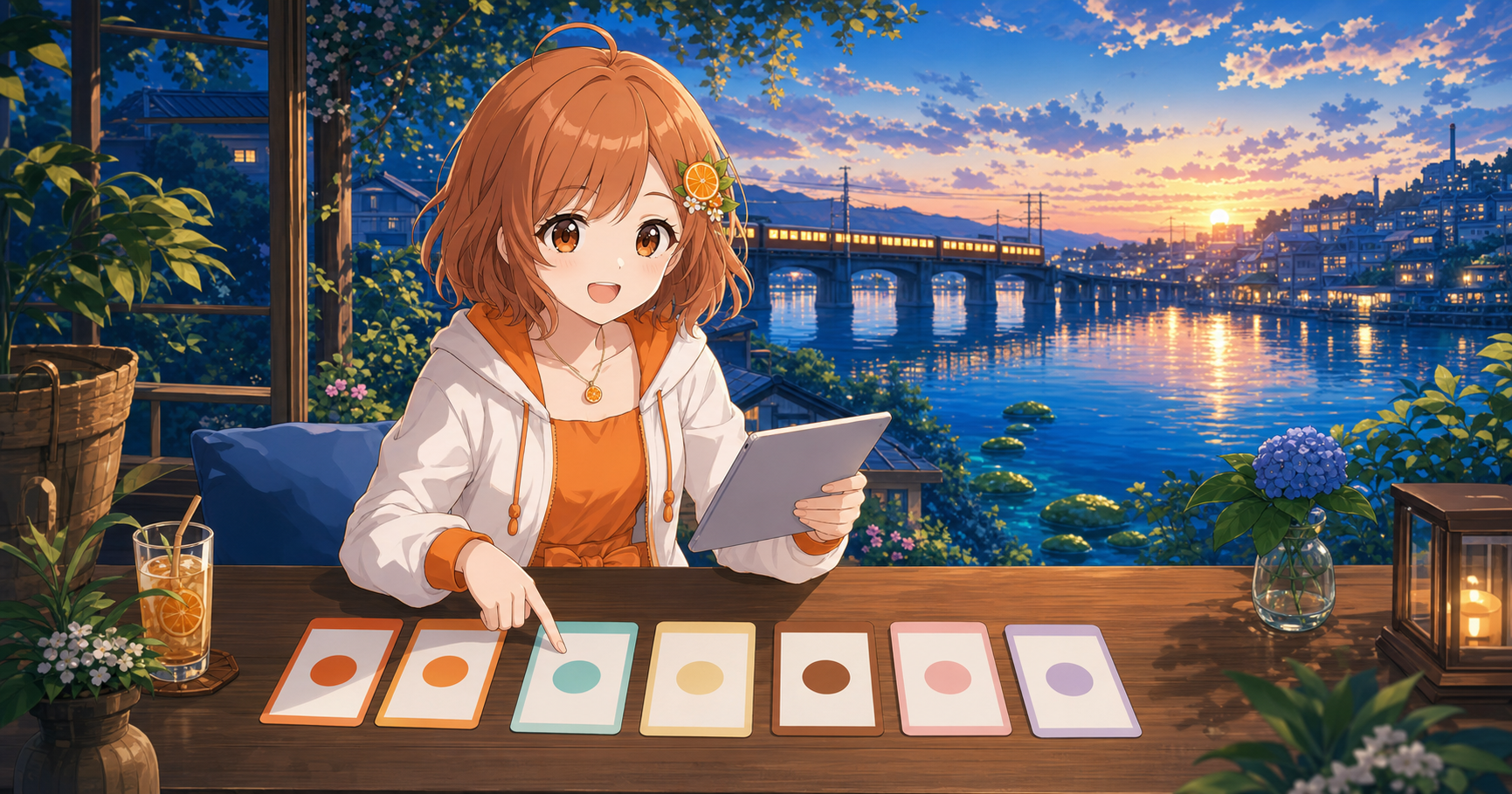 みかんが七つの曜日カードを並べて今期アニメを見る日を選ぶイラスト