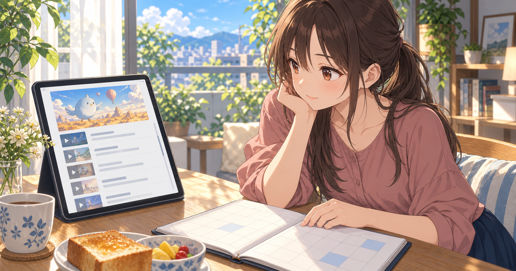 女性がアニメの各話の一覧とカレンダーを見比べるイラスト