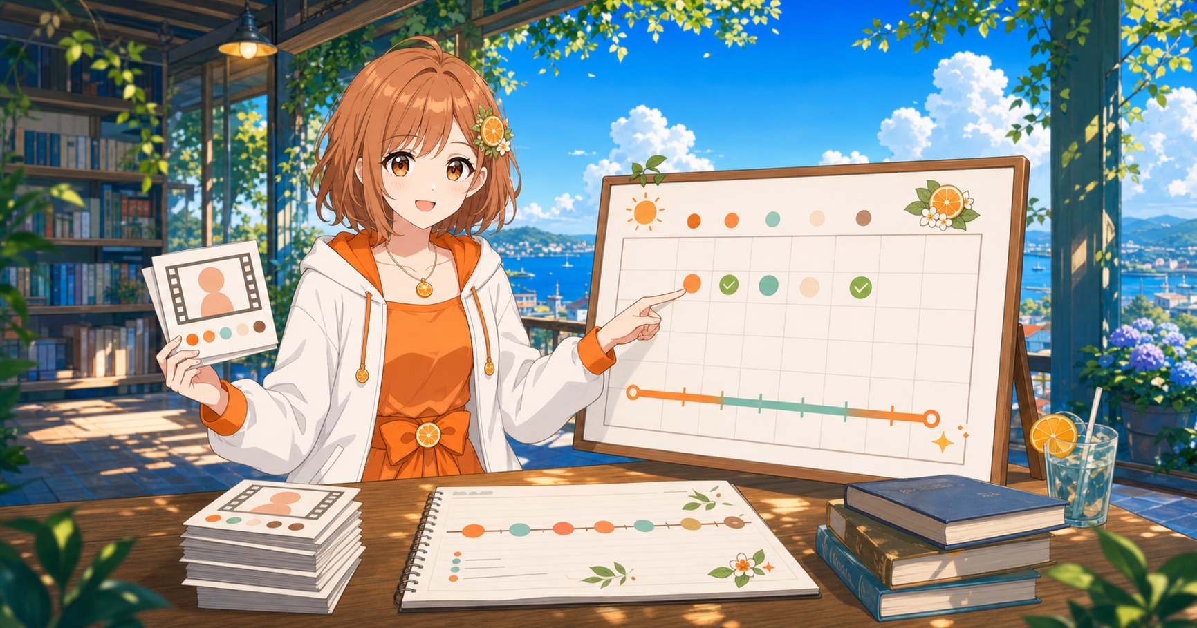 みかんが話数カードとカレンダーを見比べて今期アニメの視聴計画を説明するイラスト