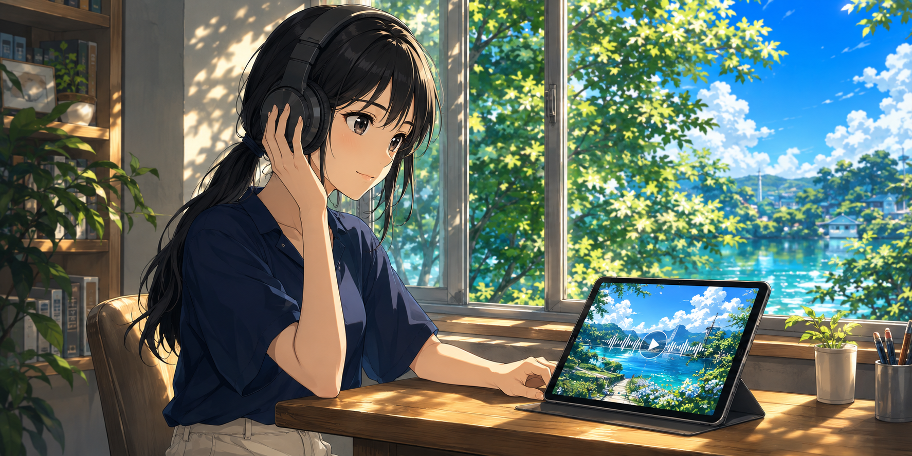 ヘッドホンを着けた女性が窓辺でタブレットの再生画面を見るイラスト