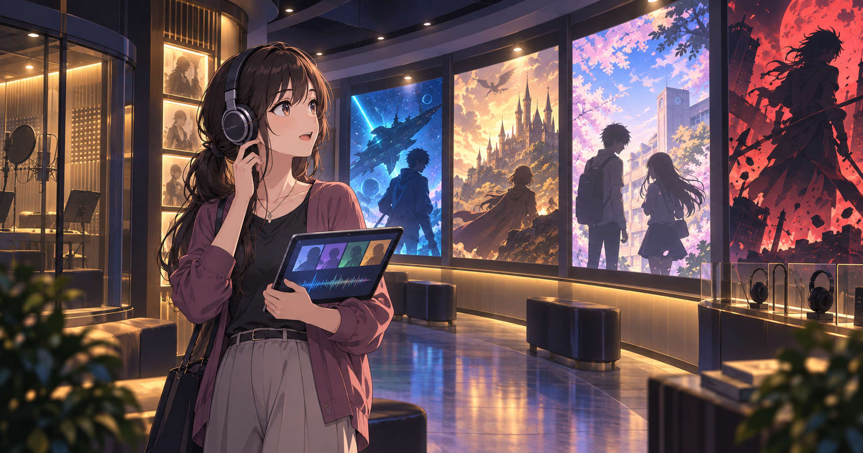 ヘッドホンで声を聴きながら、タブレットでアニメを選ぶ女性のイラスト
