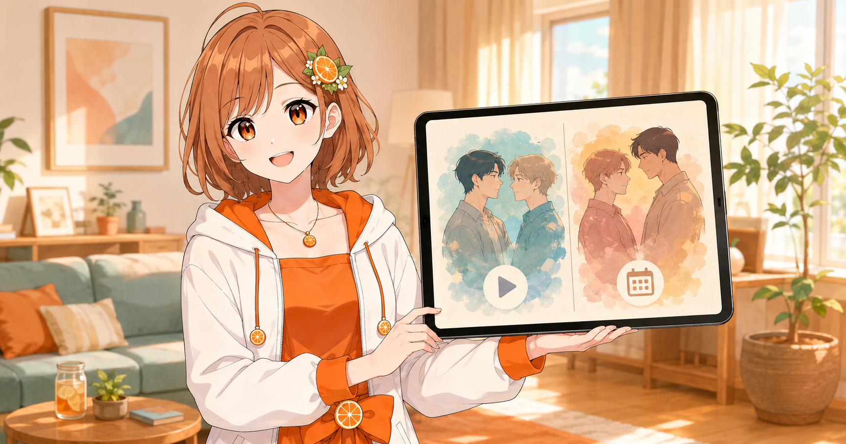 みかんが男性二人のシルエットと再生マークが表示されたタブレットで今期BLアニメを探すイラスト