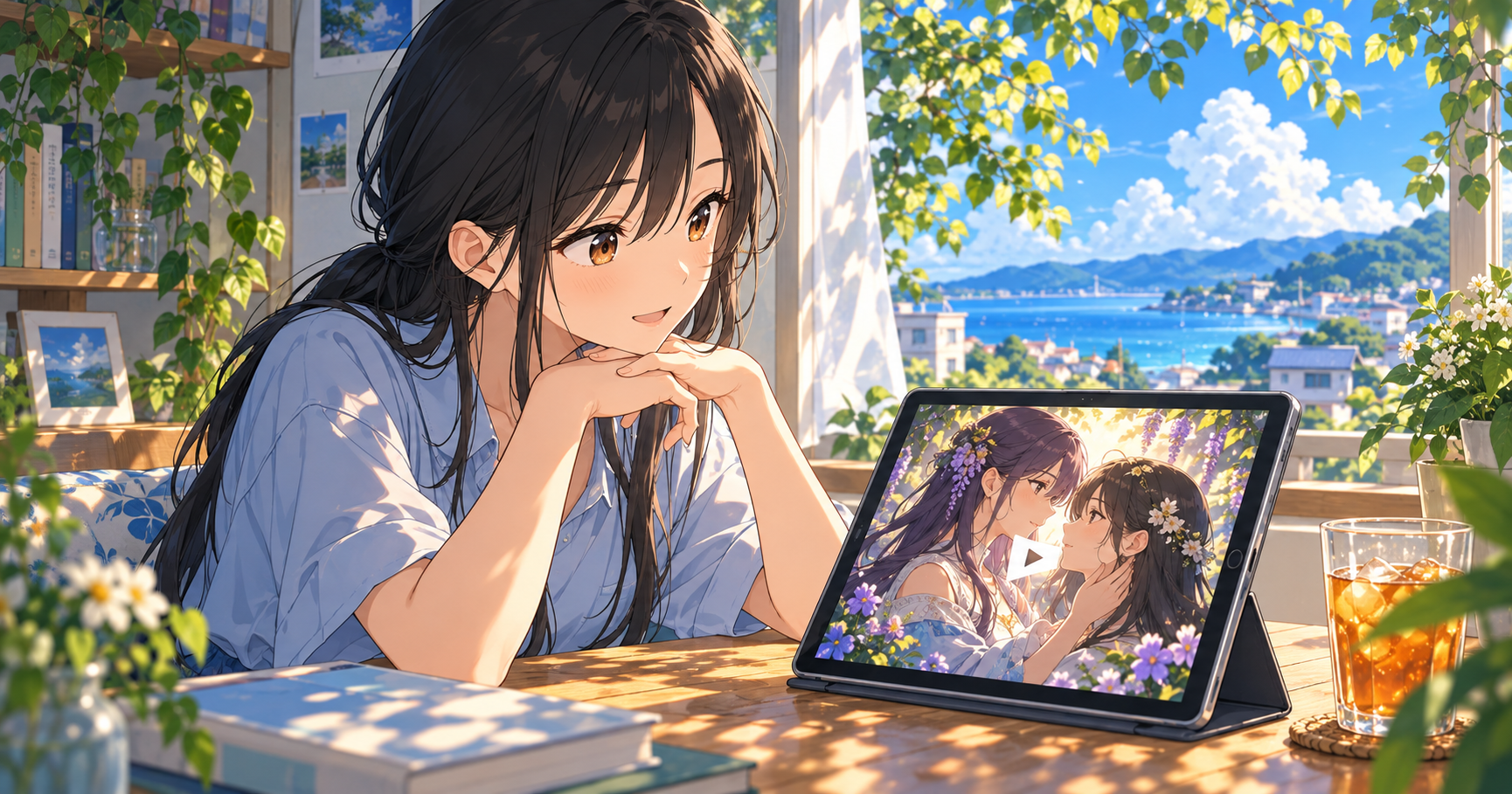 女性二人のアニメが映ったタブレットを見て、作品を選ぶ女性のイラスト