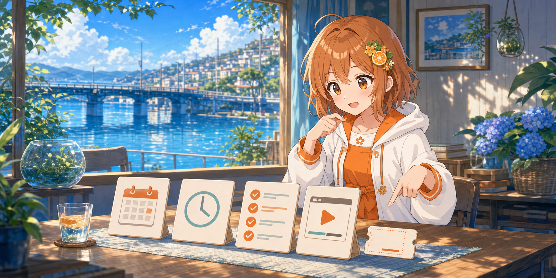 みかんがカレンダー、時計、確認表、再生画面、別料金の券を見比べるイラスト