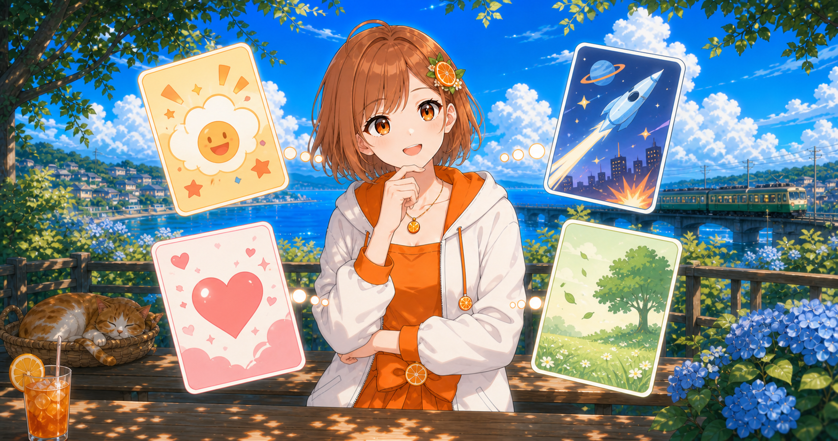 みかんが笑い、恋愛、バトル、落ち着いた物語を表す作品カードから今期アニメを選ぶイラスト