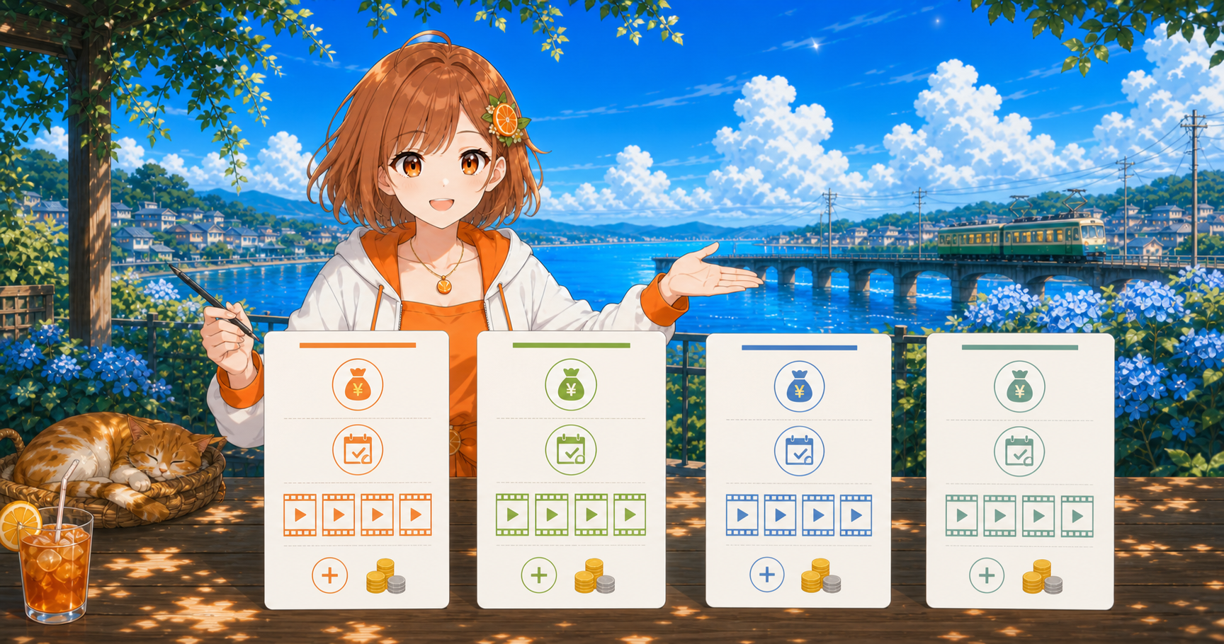 みかんが料金、無料体験、見られる作品を表す配信サービスのカードを比較するイラスト