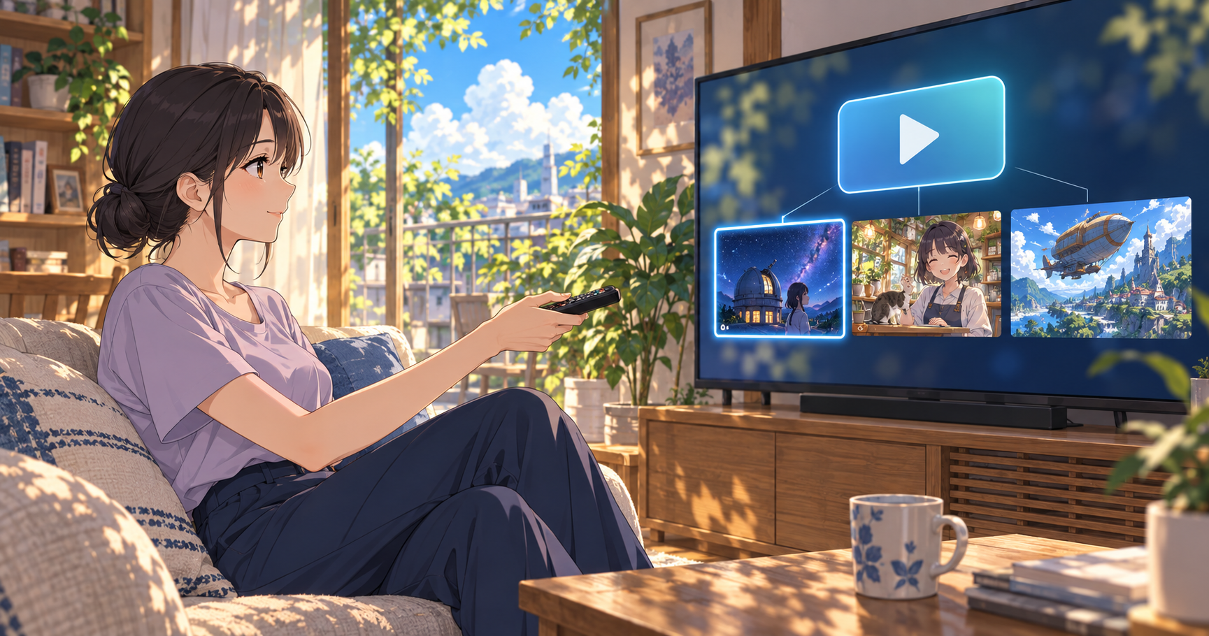 女性が契約中の配信サービスで見られるアニメを選ぶイラスト