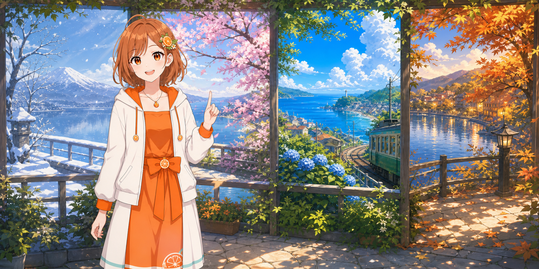 みかんが冬・春・夏・秋を表す四つの景色を見比べるイラスト