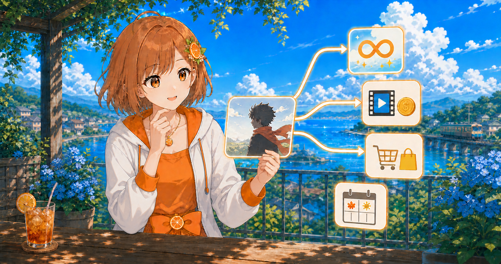 みかんが、一つのアニメ作品をどの配信サービスで見られるか確認しているイラスト
