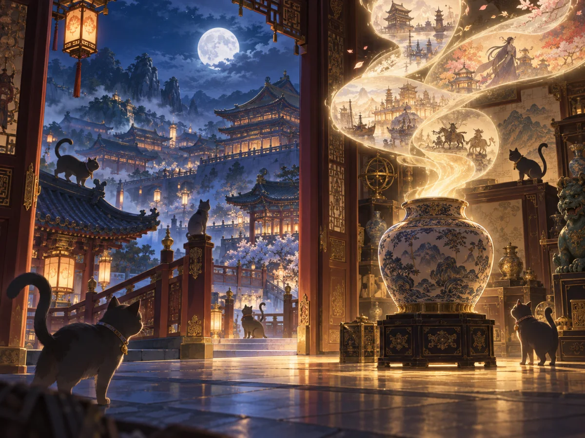 月夜の宮殿で猫たちが文化財を見守るイメージイラスト