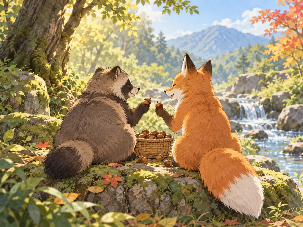 森の川辺で動物たちが穏やかに過ごす、タヌキとキツネのイメージイラスト