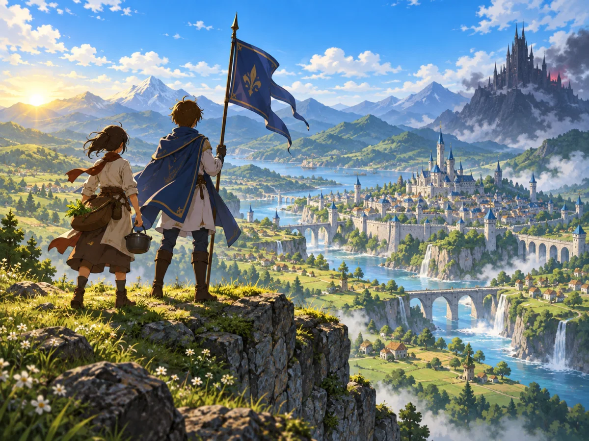 青い王国を見渡す二人の旅人のイメージイラスト