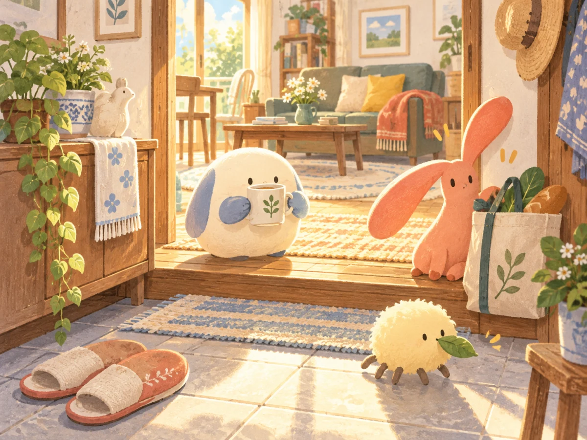 明るい住まいの玄関先で、3種類の小さな抽象生物と日用品が並ぶイメージイラスト